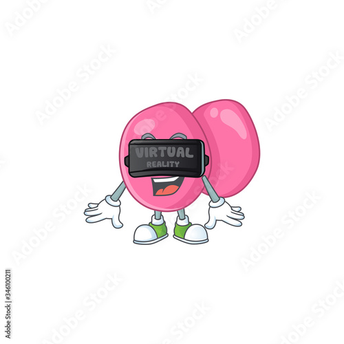 A cartoon mascot of streptococcus pyogenes enjoying game with Virtual reality headset