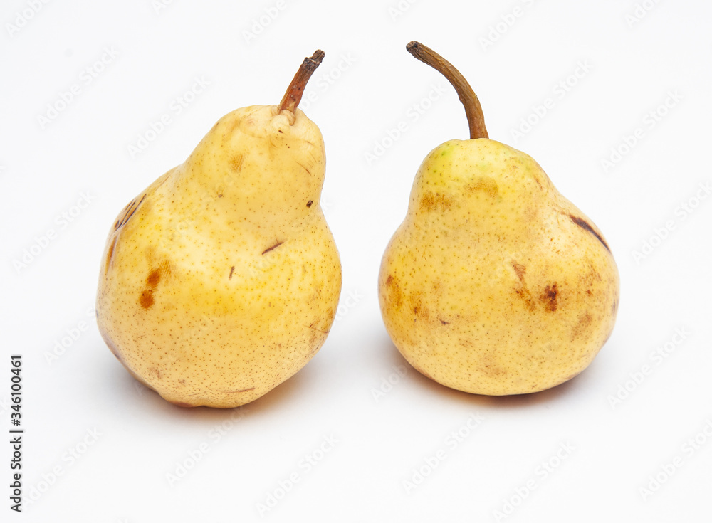 two yellow ripe pears on a white background two yellow ripe pears on a white background