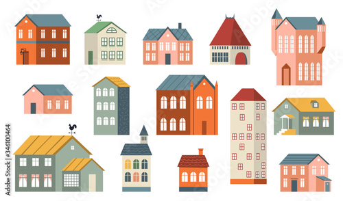 Family houses set. Suburban and country buildings, apartments and cottages for life in village or town. Can be used for real estate property, architecture, countryside, home topics