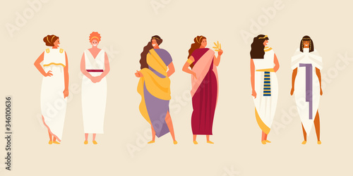 Group of ancient Greek, Roman and Egyptian women in historical costumes. Vector characters