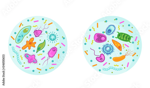 Bacteria and virus set. Pathogens, germs, cancer cells, microorganisms, microscope view. Can be used for danger, health hazard, epidemic, illness, microbiology concept