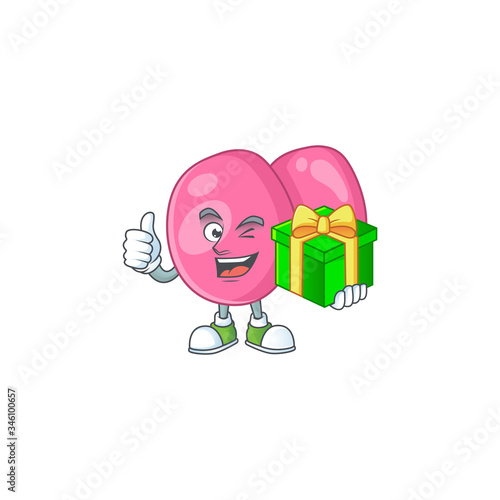 Smiley streptococcus pyogenes cartoon character holding a gift box