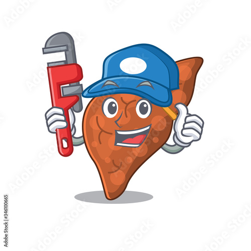 Human fibrosis liver Smart Plumber cartoon character design with tool