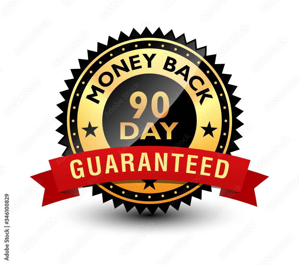 Powerful 90 day money back guaranteed badge, seal, sign, stamp, label with red ribbon on top. Isolated on white background. Powerful 90 day money back guaranteed badge, seal, sign, stamp, label with red ribbon on top. Isolated on white background.