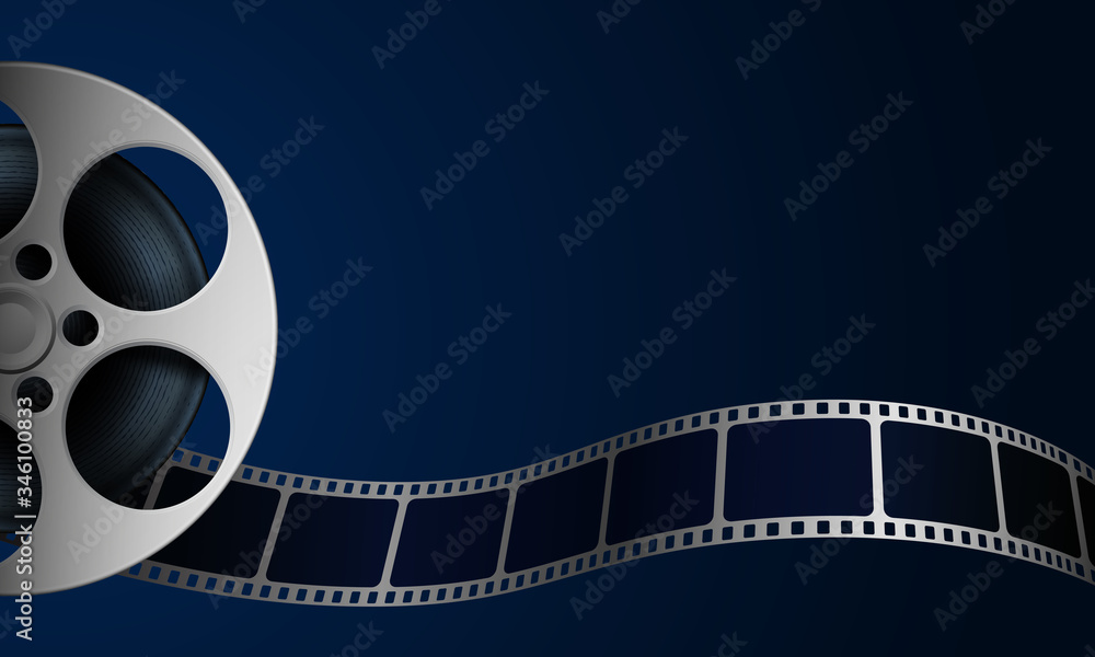 Film reel and film strip isolated on blue background. Realistic