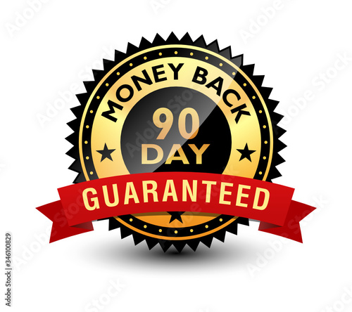 Powerful 90 day money back guaranteed badge, seal, sign, stamp, label with red ribbon on top. Isolated on white background.	