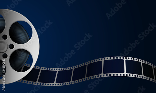 Film reel and film strip isolated on blue background. Realistic Cinema Background with place for your text. 3d movie art template for cinema festival, ticket, brochure, banner, poster. Movie design