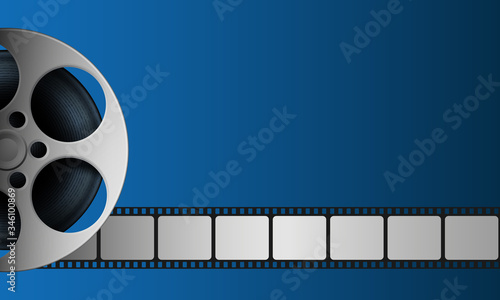 Film reel and film strip isolated on blue background. Realistic Cinema Background with place for your text. 3d movie art template for cinema festival, ticket, brochure, banner, poster. Movie design