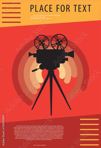 Cinema background. Silhouette of vintage cinema projector on a tripod. Film festival template for banner, flyer, poster or tickets. Old movie projector with place for your text. Movie time concept