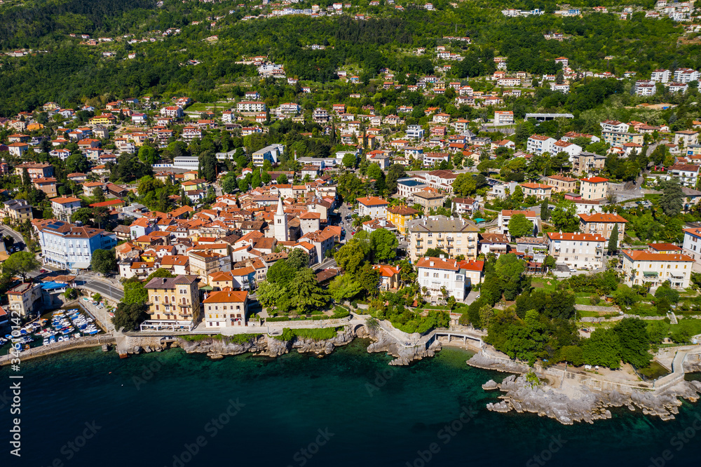 Croatia, Adriatic coastline in Kvaarner bay, beautiful old town of Lovran, historic center and coastline aerial view
