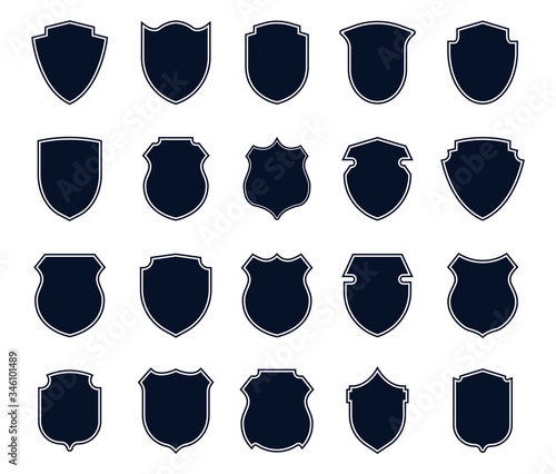 Police badges set. Military signs, various shield shapes, football club emblems. Can be used for insignia templates, authority, police officer concept