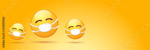 Vector Emoji nurse stickers set with mouth medical protection mask isolated on orange horizontal background. Yellow smile face character with white surgeon mask. Self isolation concept ilustration