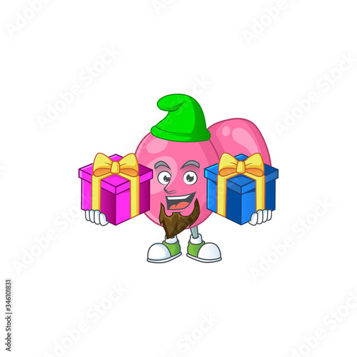 A smiling streptococcus pyogenes cartoon design having Christmas gifts