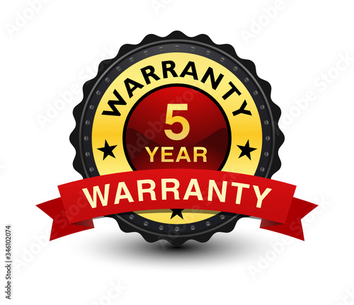 High quality 5 year warranty badge, seal, sign with red ribbon on top isolated on white background.	
