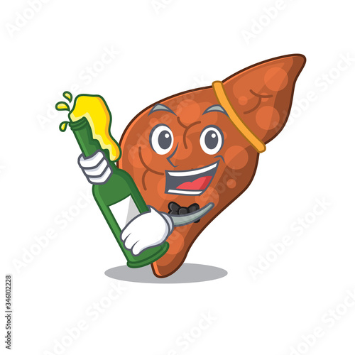 Mascot character design of human fibrosis liver say cheers with bottle of beer