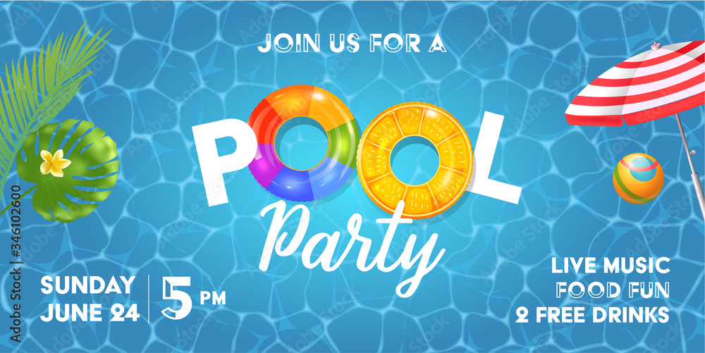 Pool party poster template. Background with pool surface, palm leaves, beach umbrella and rubber ball. Realistic inflatable rainbow and orange rings. Vector illustration of invitation to nightclub. - obrazy, fototapety, plakaty 