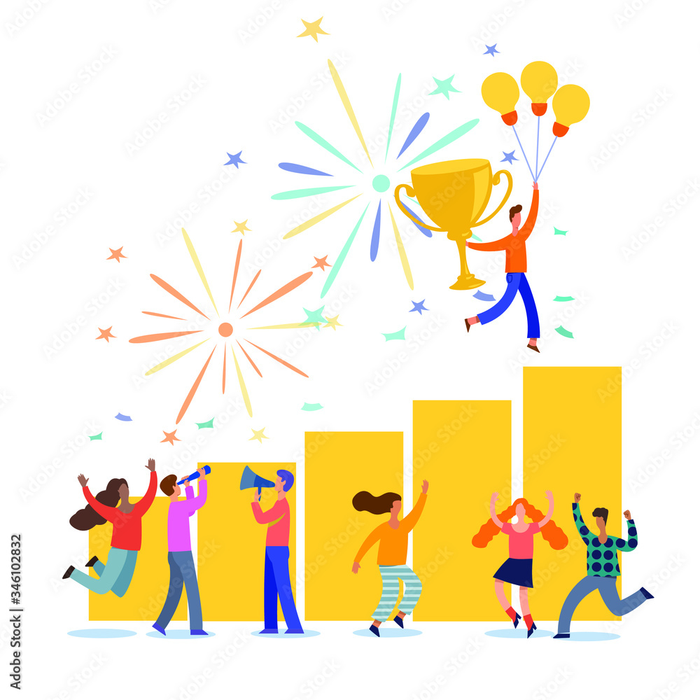 Office Workers Celebrating with Big Trophy. Business Team Success. Flat People Characters with Prize, Golden Cup.Vector illustration Office Workers Celebrating with Big Trophy. Business Team Success. Flat People Characters with Prize, Golden Cup.Vector illustration