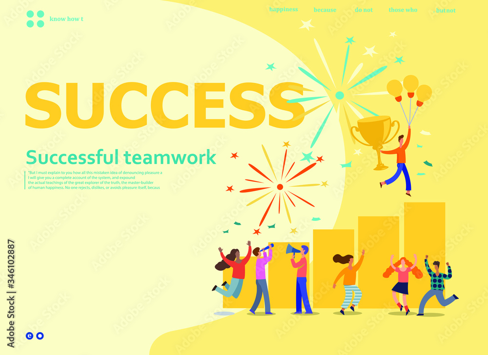 Obraz premium Office Workers Celebrating with Big Trophy. Business Team Success. Flat People Characters with Prize, Golden Cup.Vector illustration