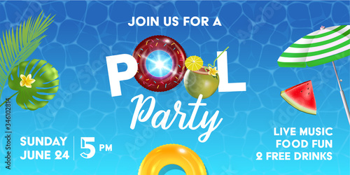 Pool party poster template. Background with pool surface, palm leaves, beach umbrella and rubber ball. Realistic inflatable rainbow and orange rings. Vector illustration of invitation to nightclub.