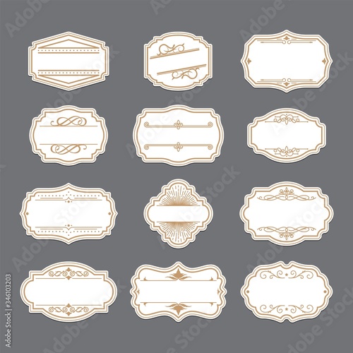 Vintage golden ornate labels set. Retro decorative frames, wedding invitation template, swirled borders. Can be used for traditional ornament, sale stickers, advertising design