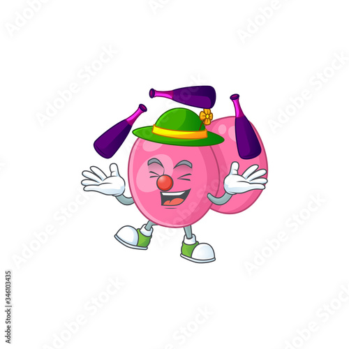 mascot cartoon style of streptococcus pyogenes playing Juggling on stage
