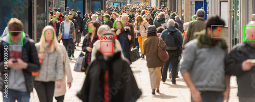 thermal cameras tracking crowd of people to protect their health. cctv monitoring and facial recognition concept