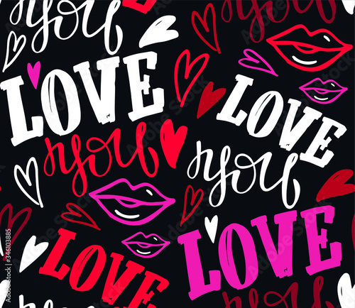 Love you - kiss you - hand drawn doodle pattern. Valentine's Day pattern, love background. Heart and love - hand drawn template banner.