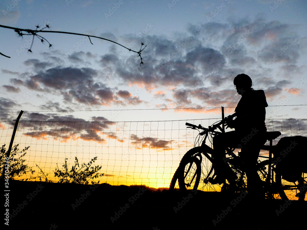 Cyclist silhouette on a green road at Seville