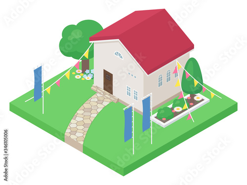家のイラスト_住宅展示場_旗_アイソメ