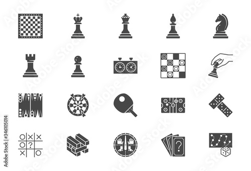 Board games flat icons. Vector illustration included icon as chess, checkers, domino silhouette pictogram for table entertainment shop