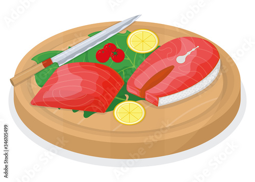 Cut up tuna fish roll and salmon minnow on wooden kitchen board concept isolated on white, cartoon vector illustration.