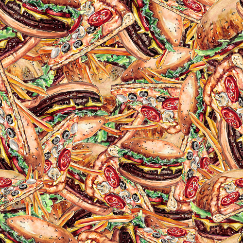 Seamless pattern - background with cheeseburgers, pizza and french fries painted with watercolor