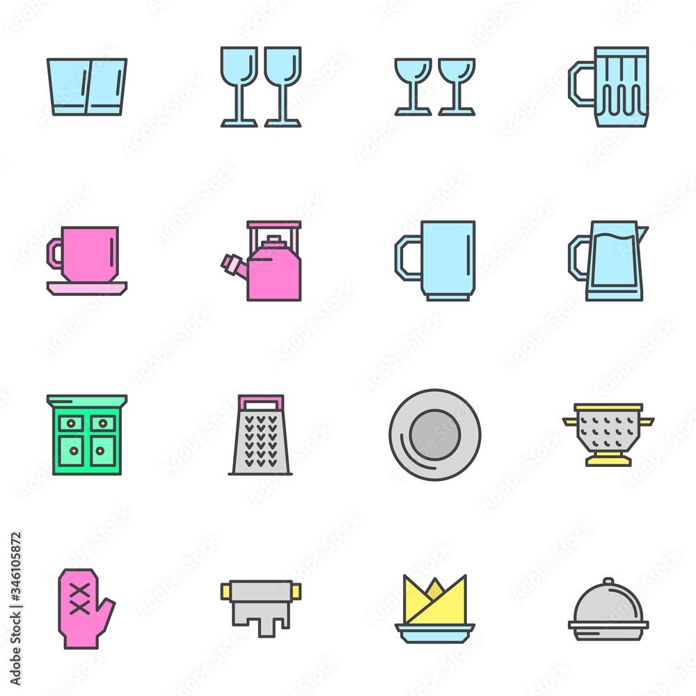 Tableware and kitchenware filled outline icons set, line vector symbol collection, linear colorful pictogram pack. Signs logo illustration, Set includes icons as wine glass, beer mug, tea cup, kitchen Tableware and kitchenware filled outline icons set, line vector symbol collection, linear colorful pictogram pack. Signs logo illustration, Set includes icons as wine glass, beer mug, tea cup, kitchen