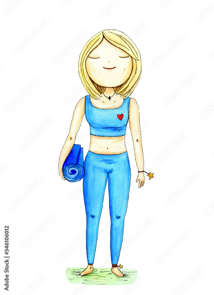 Watercolor illustration of cartoon girl with yoga mat on a white background. Watercolor illustration of cartoon girl with yoga mat on a white background.