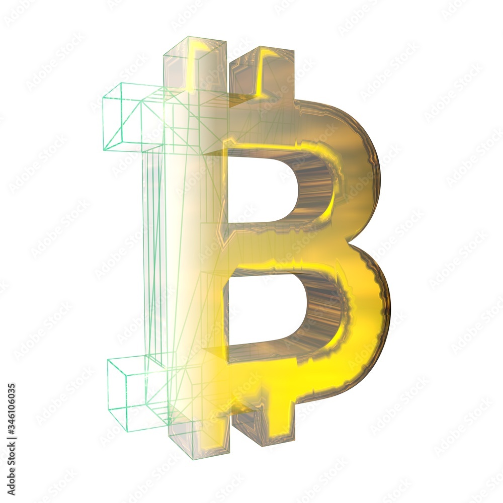 Bitcoin sign, the green grid turns into gold on white background. 3D illustration Bitcoin sign, the green grid turns into gold on white background. 3D illustration