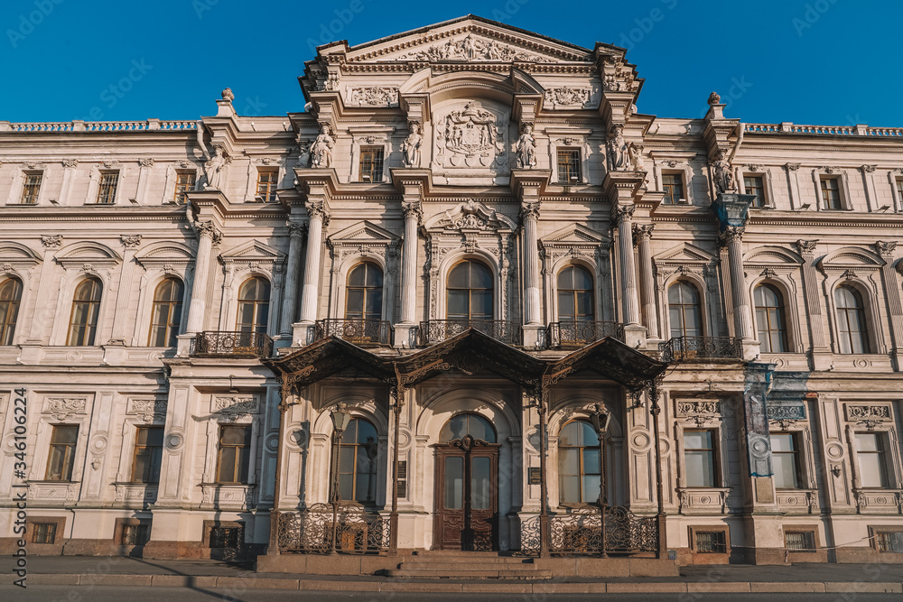 Beautiful historical facades of buildings in Saint Petersburg, magnificent architecture, sculptures and columns, marble