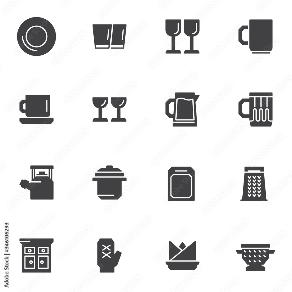 Tableware, crockery vector icons set, modern solid symbol collection, filled style pictogram pack. Signs, logo illustration. Set includes icons as plate, wine glass, pitchers, cutting board, kitchen Tableware, crockery vector icons set, modern solid symbol collection, filled style pictogram pack. Signs, logo illustration. Set includes icons as plate, wine glass, pitchers, cutting board, kitchen