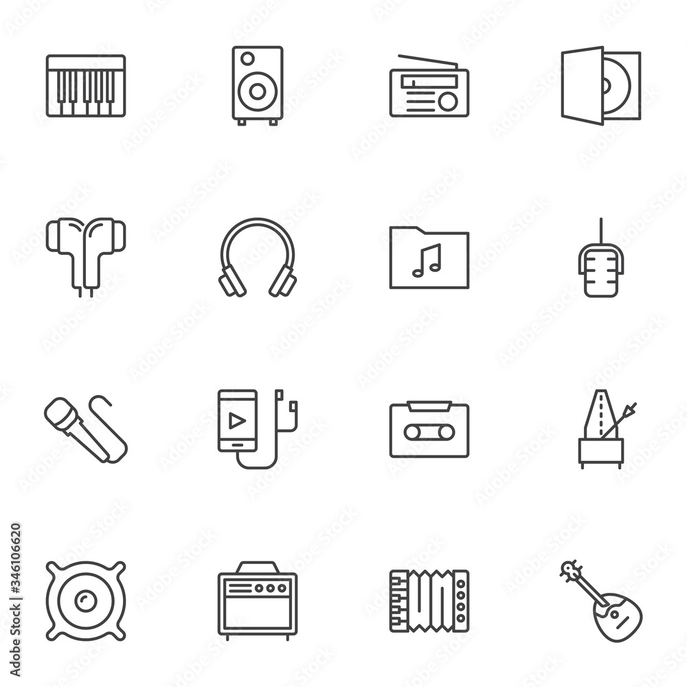 Music, sound icons set, outline vector symbol collection, linear style pictogram pack. Signs, logo illustration. Set includes icons as headphones, midi keyboard, music player, microphone, audio tape Music, sound icons set, outline vector symbol collection, linear style pictogram pack. Signs, logo illustration. Set includes icons as headphones, midi keyboard, music player, microphone, audio tape