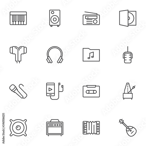 Music, sound icons set, outline vector symbol collection, linear style pictogram pack. Signs, logo illustration. Set includes icons as headphones, midi keyboard, music player, microphone, audio tape