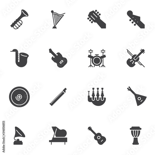 Musical instruments vector icons set, modern solid symbol collection, filled style pictogram pack. Signs, logo illustration. Set includes icons as guitar, saxophone, djembe, drum set, piano, violin