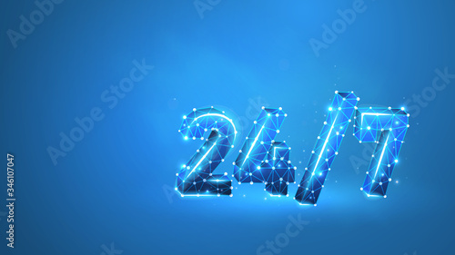 Emergency support center symbol. Twenty-four seven technical service sign. Low poly, wireframe 3d vector illustration. Abstract polygonal image on blue neon background