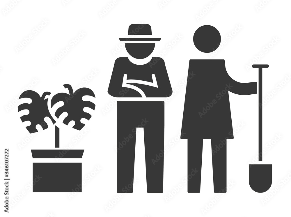 Gartenarbeit Gärtnerin und Gärtner mit Spaten und Kübelpflanze icon