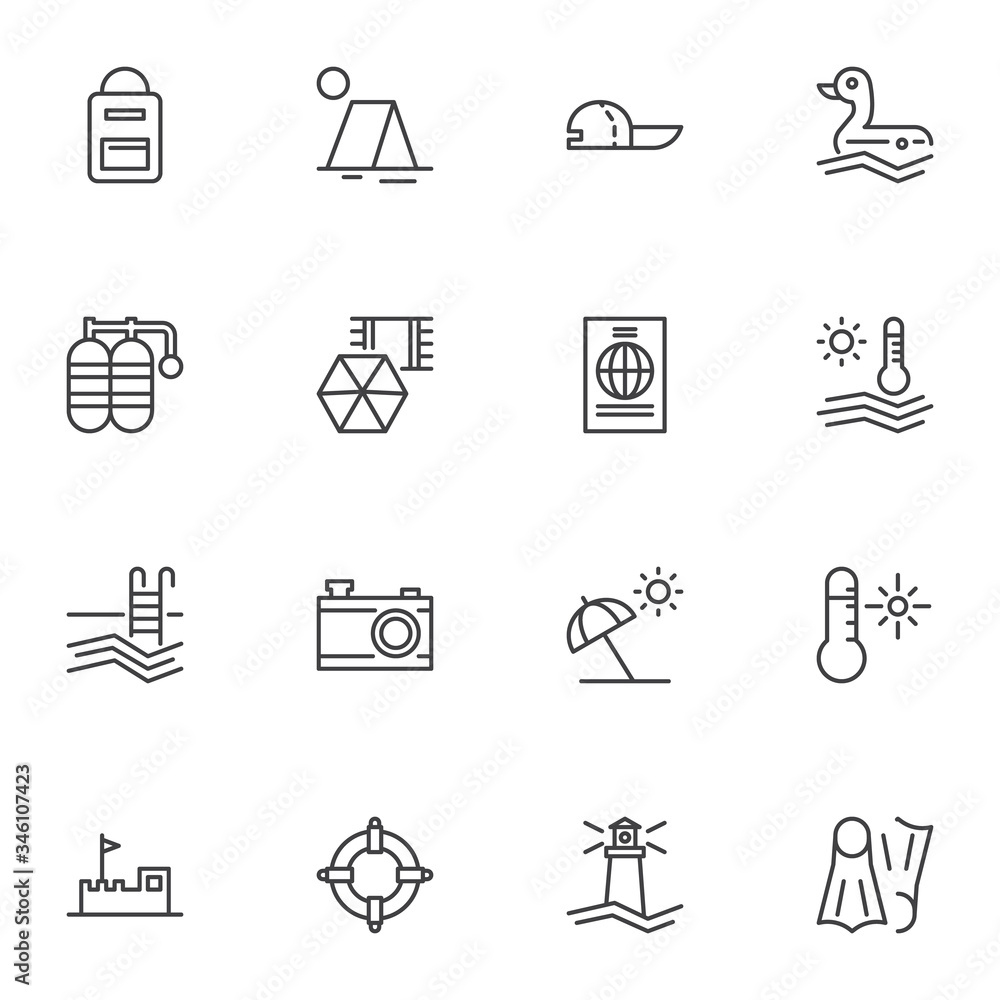 Summer vacation line icons set, outline vector symbol collection, linear style pictogram pack. Signs, logo illustration. Set includes icons as travel document, umbrella, hot weather, diving flippers Summer vacation line icons set, outline vector symbol collection, linear style pictogram pack. Signs, logo illustration. Set includes icons as travel document, umbrella, hot weather, diving flippers