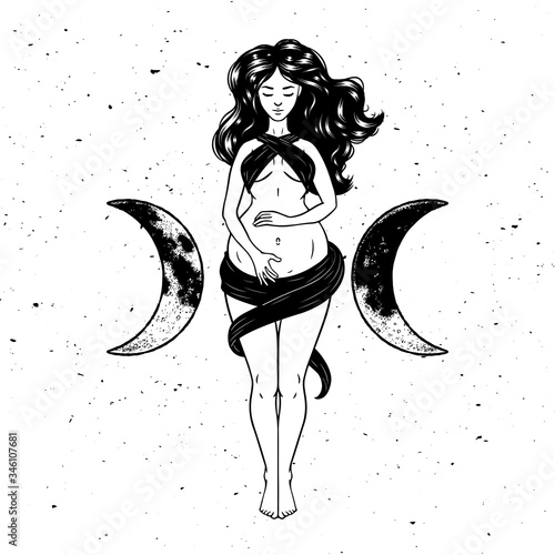 Beautiful pregnant woman figure, symbol of triple goddess, moon phases. Hekate, mythology, wicca, witchcraft. Vector illustration