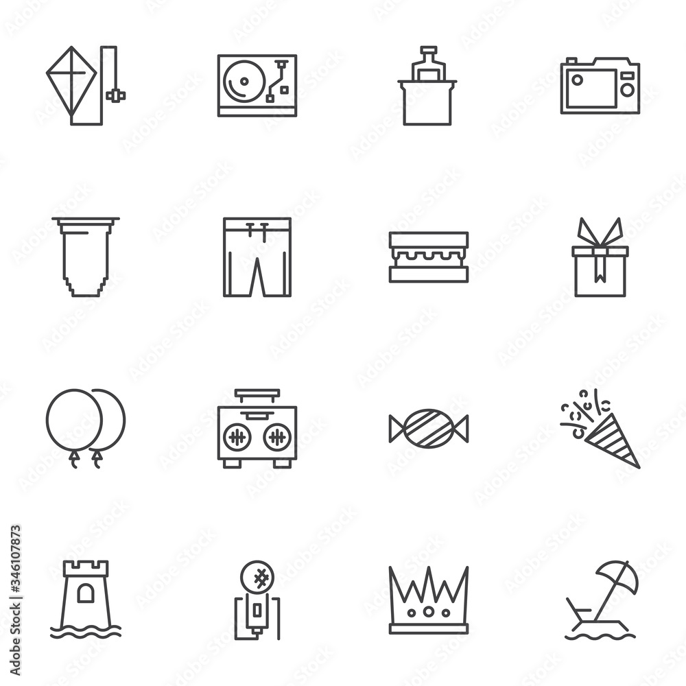 Party line icons set, outline vector symbol collection, summer linear style pictogram pack. Signs, logo illustration. Set includes icons as dj mixer, air balloons, gift box, food, sweets, microphone Party line icons set, outline vector symbol collection, summer linear style pictogram pack. Signs, logo illustration. Set includes icons as dj mixer, air balloons, gift box, food, sweets, microphone