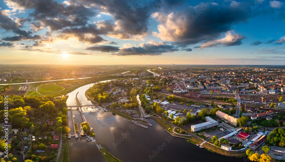 Opole, aerial view of Old Town and Oder river. Poland, spring day. Drone shot on sunset time.