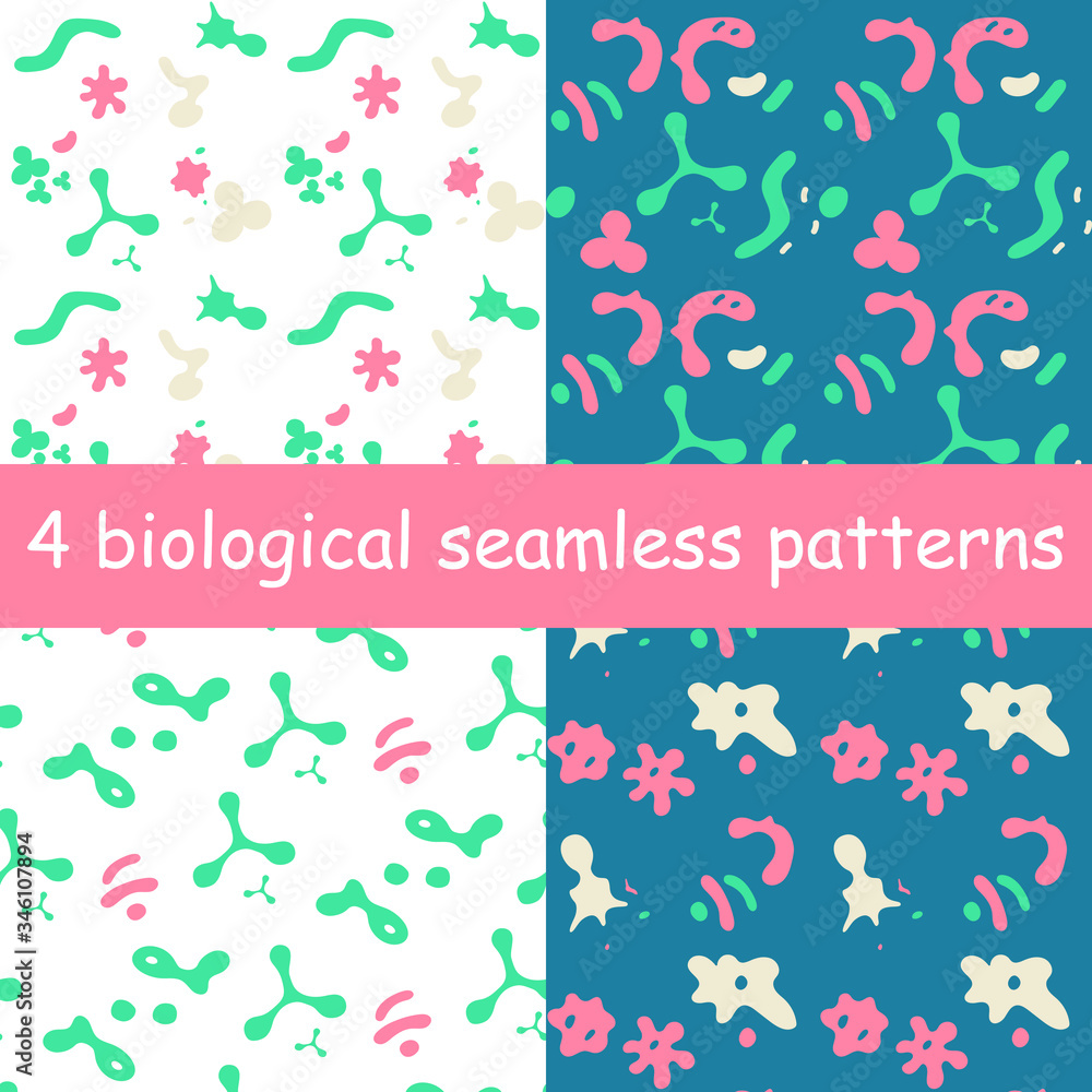 Set of vector seamless patterns. Microbiology. Biology. Medicine. Viruses, bacteria. White and blue background. Set of vector seamless patterns. Microbiology. Biology. Medicine. Viruses, bacteria. White and blue background.