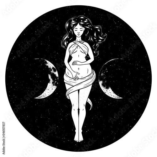 Beautiful pregnant woman figure, symbol of triple goddess, moon phases. Hekate, mythology, wicca, witchcraft. Vector illustration