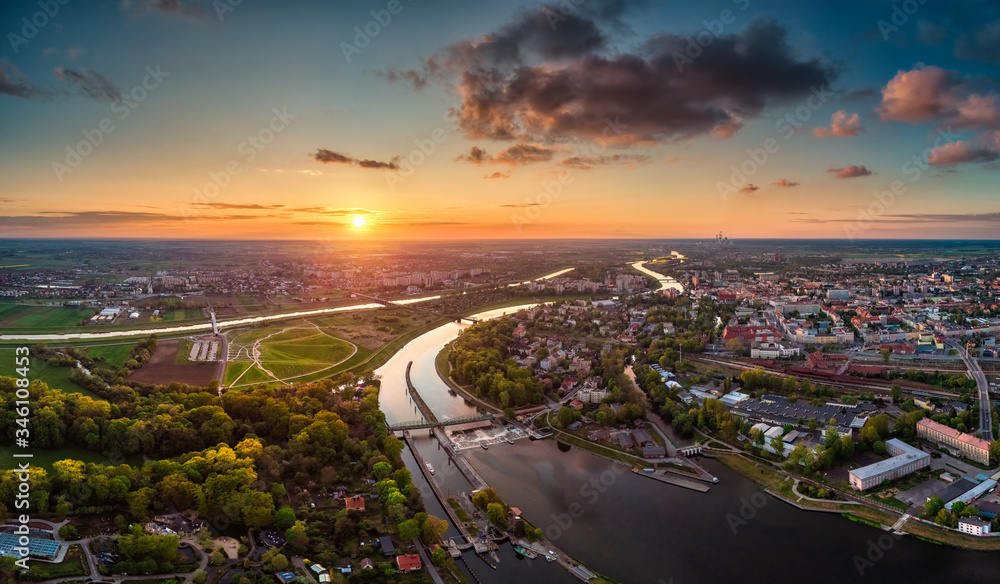 Opole, aerial view of Old Town and Oder river. Poland, spring day. Drone shot on sunset time.