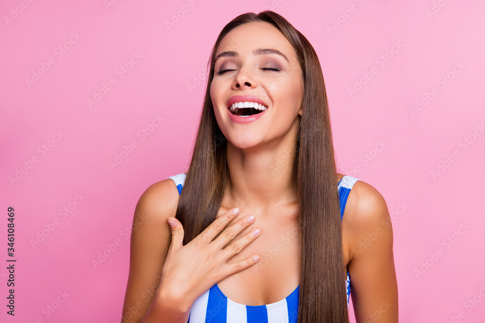 Close-up portrait of her she nice-looking attractive lovely pretty charming cute stunning cheerful cheery straight-haired girl laughing having fun isolated over pink pastel color background Close-up portrait of her she nice-looking attractive lovely pretty charming cute stunning cheerful cheery straight-haired girl laughing having fun isolated over pink pastel color background